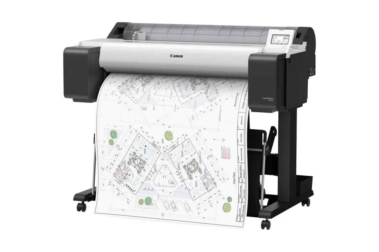 Canon imagePROGRAF TM-350 printing technical drawings on large-format paper.